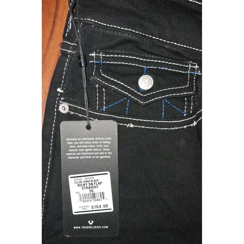 Men's  True Religion Ricky Relaxed 36x34 Back Flap Pockets Black NWT